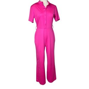 Hot Pink Barbiecore Wide Leg Jumpsuit Button Front Cinched Waist